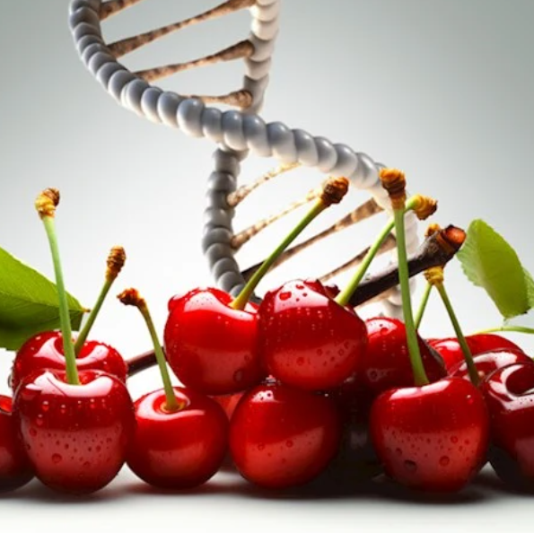 A pile of cherries with a DNA strand behind it