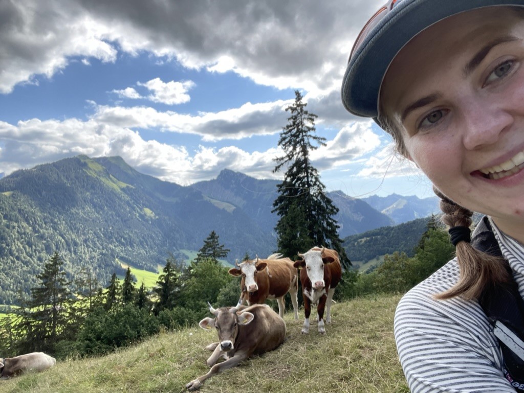 A woman takes a selfie on a mountain with 3 cows behind her