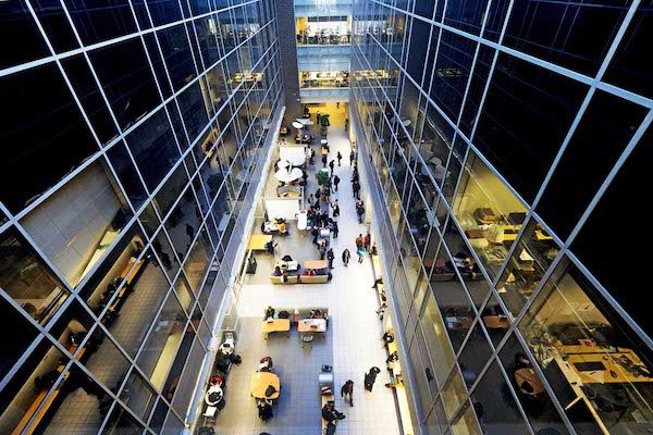 Overhead view inside the Biomedical and Physical Sciences Building